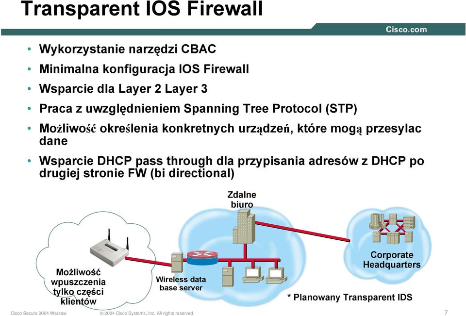 dane Wsparcie DHCP pass through dla przypisania adresów z DHCP po drugiej stronie FW (bi directional) Zdalne biuro