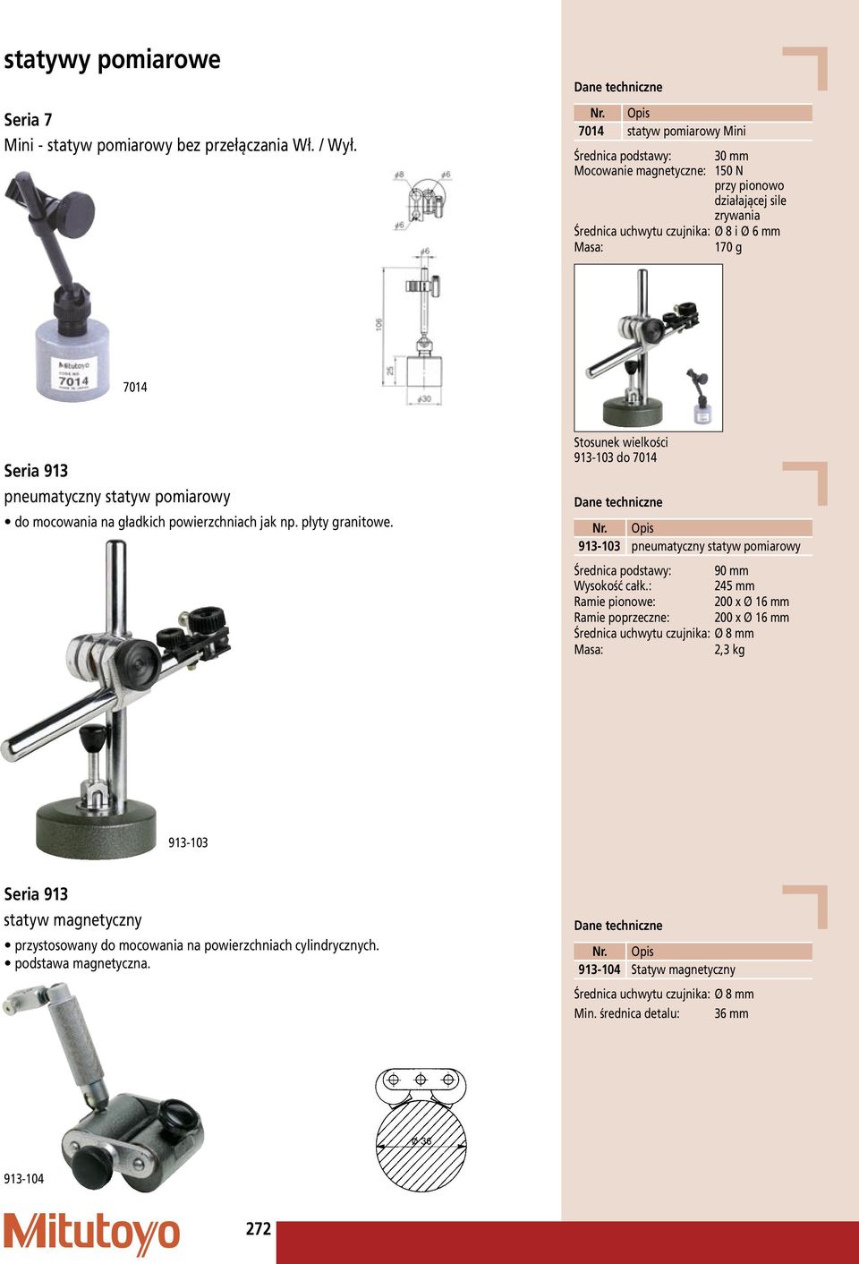 statyw pomiarowy do mocowania na gładkich powierzchniach jak np. płyty granitowe. Stosunek wielkości 913-103 do 7014 Opis 913 103 pneumatyczny statyw pomiarowy Średnica podstawy: 90 Wysokość całk.