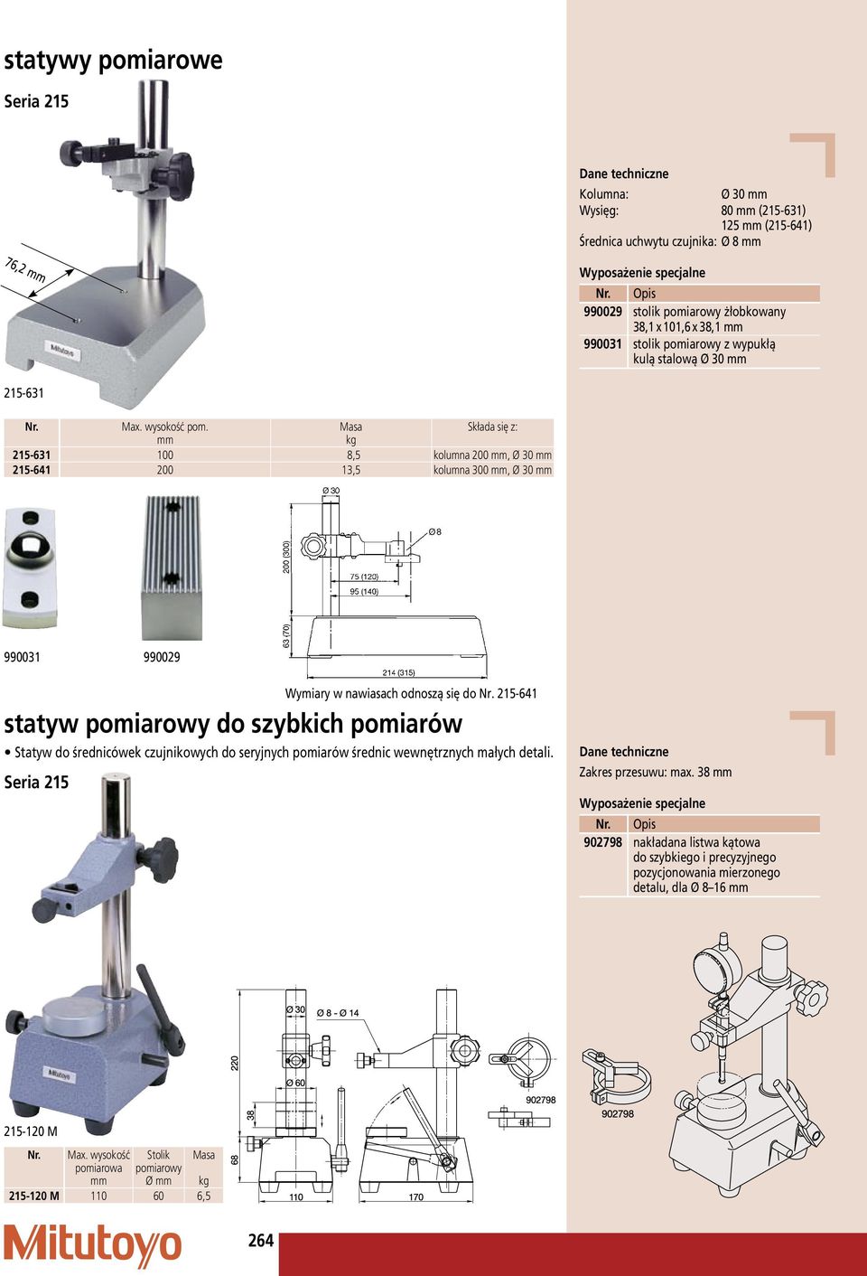 Składa się z: 215-631 100 8,5 kolumna 200, Ø 30 215-641 200 13,5 kolumna 300, Ø 30 990031 990029 Wymiary w nawiasach odnoszą się do 215 641 statyw pomiarowy do szybkich pomiarów Statyw do