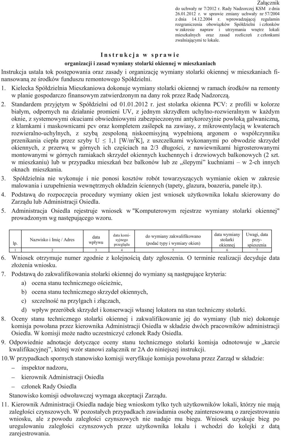 I n s t r u k c j a w s p r a w i e organizacji i zasad wymiany stolarki okiennej w mieszkaniach Instrukcja ustala tok postępowania oraz zasady i organizację wymiany stolarki okiennej w mieszkaniach