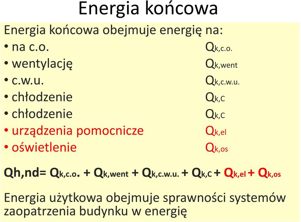 chłodzenie chłodzenie urządzenia pomocnicze oświetlenie Qk,c.o. Qk,went Qk,c.w.u. Qk,C Qk,C Qk,el Qk,os Qh,nd= Qk,c.