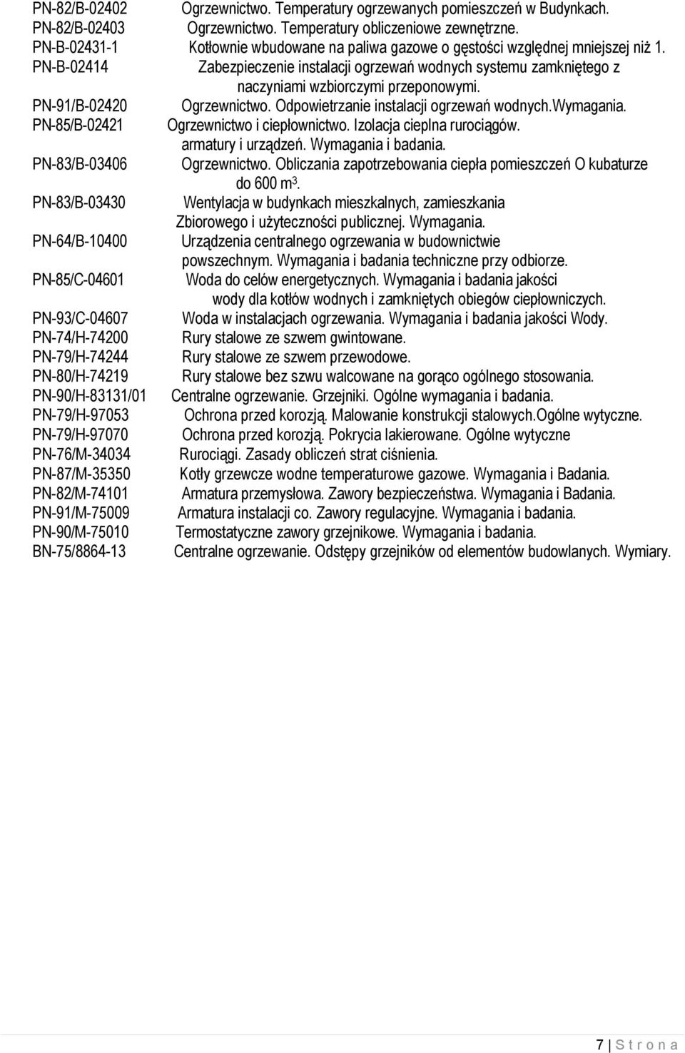 PN-91/B-02420 Ogrzewnictwo. Odpowietrzanie instalacji ogrzewań wodnych.wymagania. PN-85/B-02421 Ogrzewnictwo i ciepłownictwo. Izolacja cieplna rurociągów. armatury i urządzeń. Wymagania i badania.