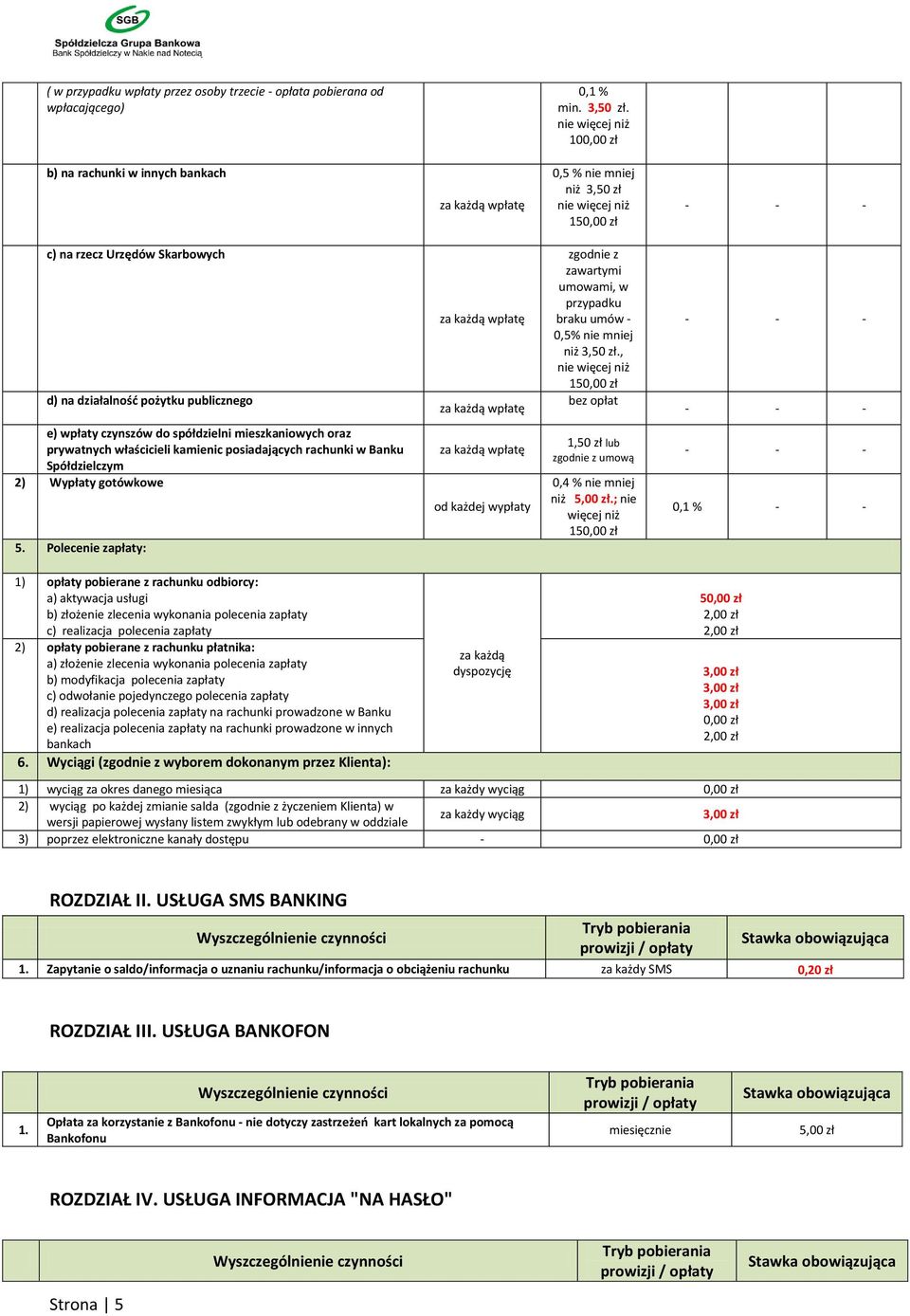 publicznego za każdą wpłatę za każdą wpłatę zgodnie z zawartymi umowami, w przypadku braku umów - 0,5% nie mniej niż 3,50 zł.