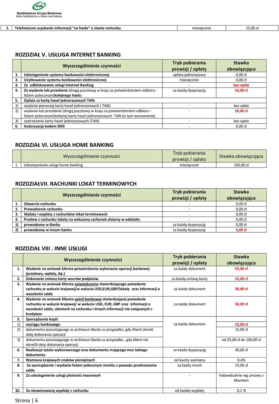 Za wydanie lub przesłanie (drogą pocztową w kraju za potwierdzeniem odbioru - za każdą dyspozycję 10,00 zł listem poleconym)kolejnego hasła: 5.