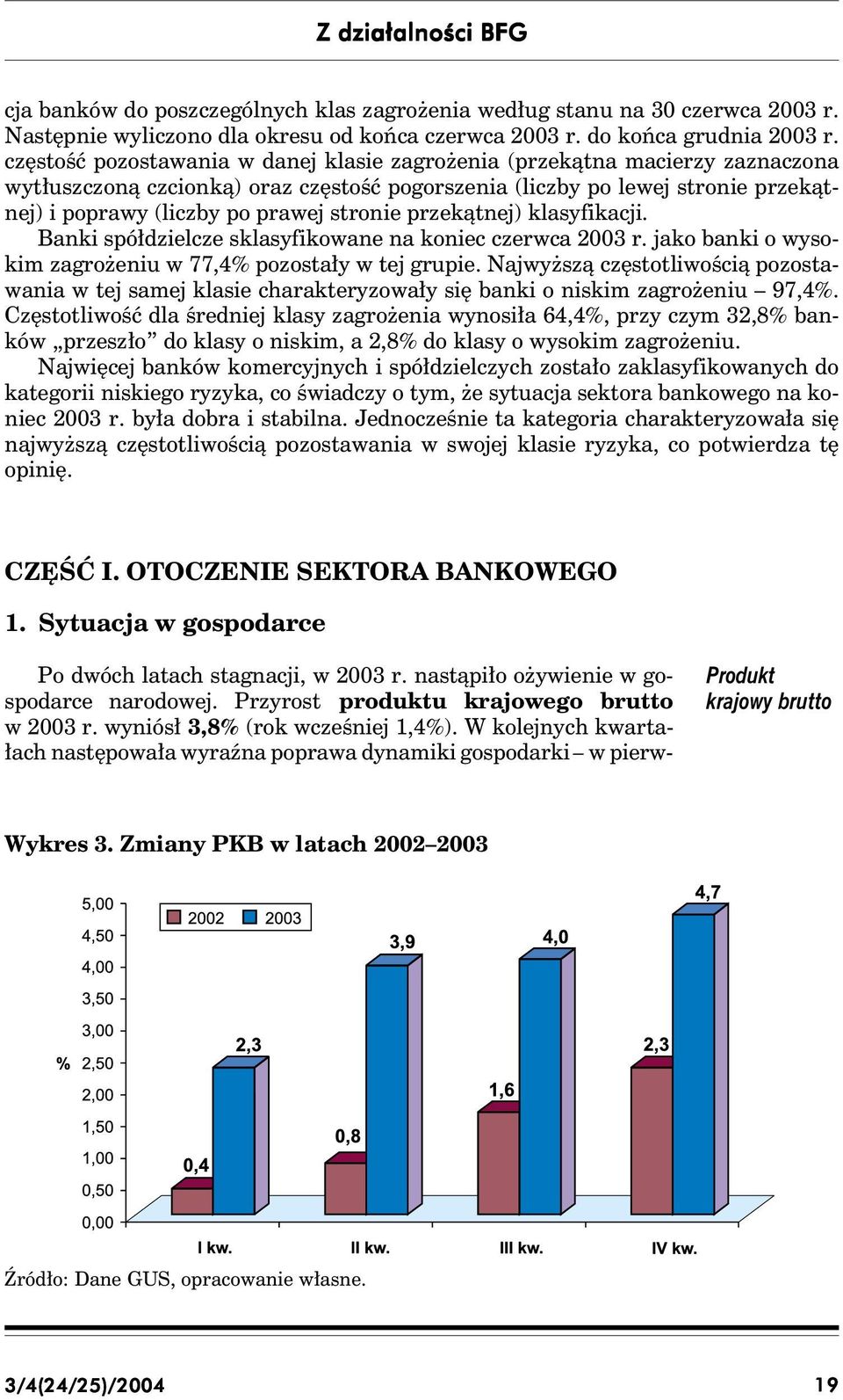 stronie przekątnej) klasyfikacji. Banki spółdzielcze sklasyfikowane na koniec czerwca 2003 r. jako banki o wysokim zagrożeniu w 77,4% pozostały w tej grupie.