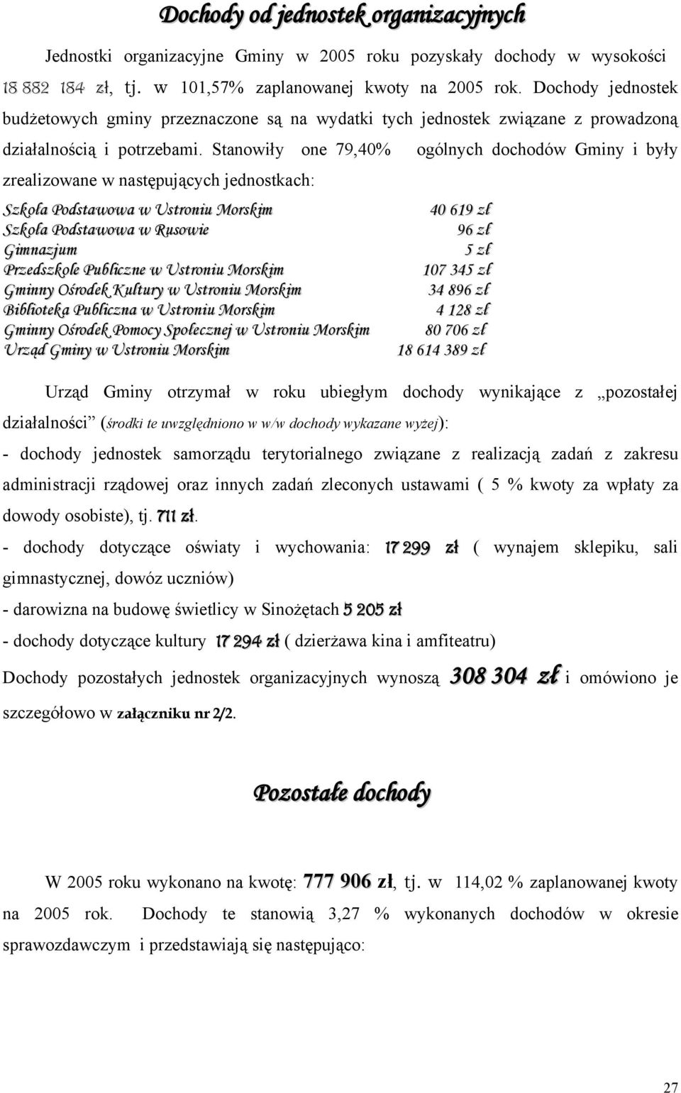 Stanowiły one 79,4% ogólnych dochodów Gminy i były zrealizowane w następujących jednostkach: Szkoła Podstawowa w Ustroniu Morskim Szkoła Podstawowa w Rusowie Gimnazjum Przedszkole Publiczne w