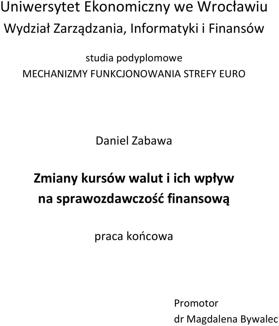 FUNKCJONOWANIA STREFY EURO Daniel Zabawa Zmiany kursów walut i