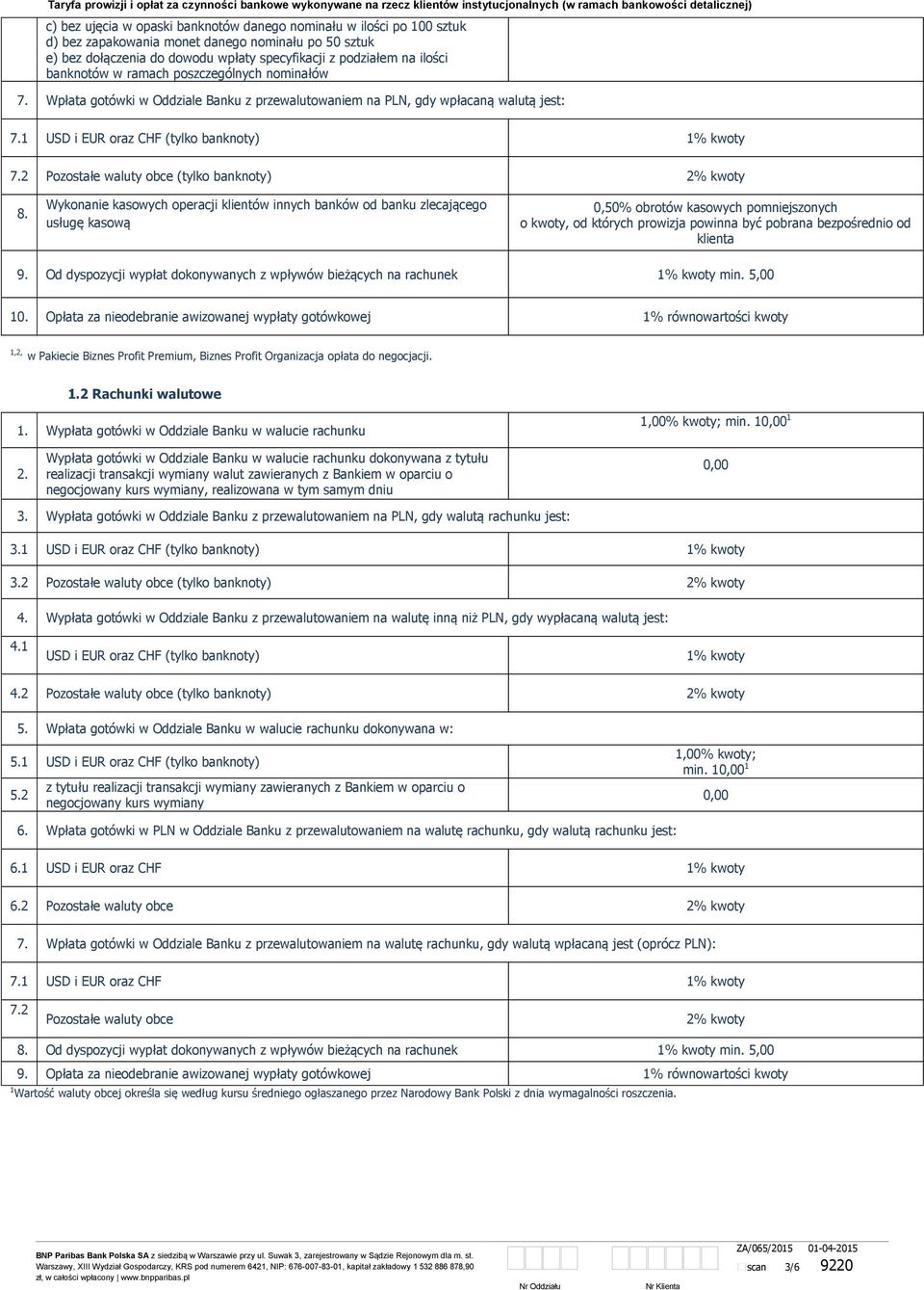 Wpłata gotówki w Oddziale Banku z przewalutowaniem na PLN, gdy wpłacaną walutą jest: 7.1 USD i EUR oraz CHF (tylko banknoty) 1% kwoty 7.2 Pozostałe waluty obce (tylko banknoty) 2% kwoty 8.