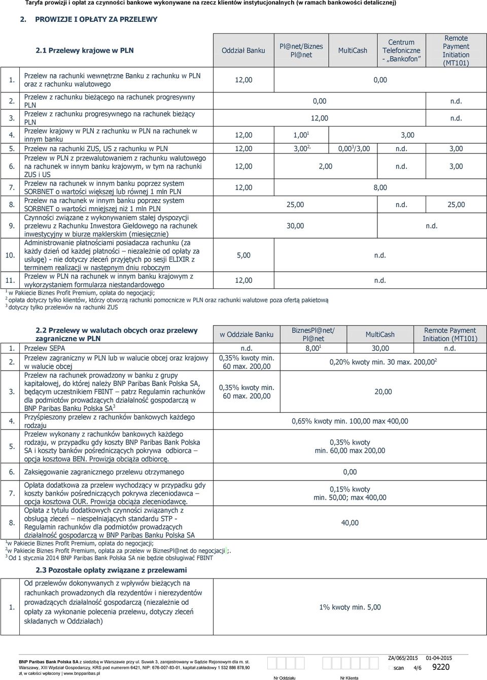 bieżącego na rachunek progresywny PLN n.d. Przelew z rachunku progresywnego na rachunek bieżący PLN 1 n.d. Przelew krajowy w PLN z rachunku w PLN na rachunek w innym banku 1 1,00 1 3,00 Przelew na rachunki ZUS, US z rachunku w PLN 1 3,00 2, 3 /3,00 n.