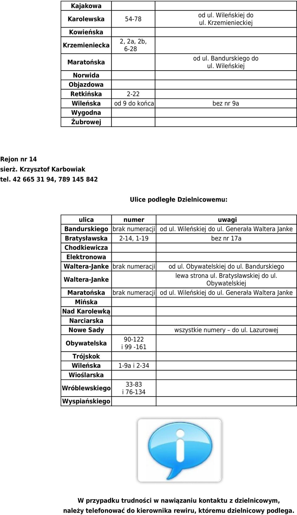 Generała Waltera Janke Bratysławska 2-14, 1-19 bez nr 17a Chodkiewicza Elektronowa Waltera-Janke brak numeracji Waltera-Janke Maratońska Mińska Nad Karolewką Narciarska od ul. Obywatelskiej do ul.