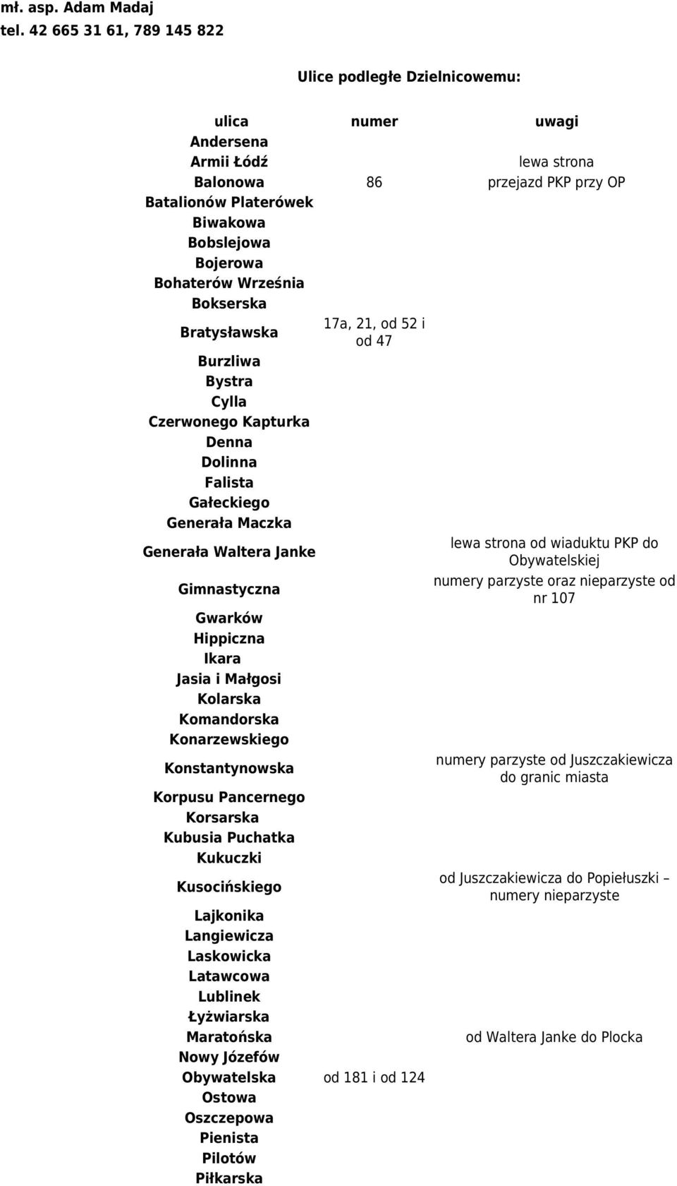 i od 47 Burzliwa Bystra Cylla Czerwonego Kapturka Denna Dolinna Falista Gałeckiego Generała Maczka Generała Waltera Janke lewa strona od wiaduktu PKP do Obywatelskiej Gimnastyczna numery parzyste