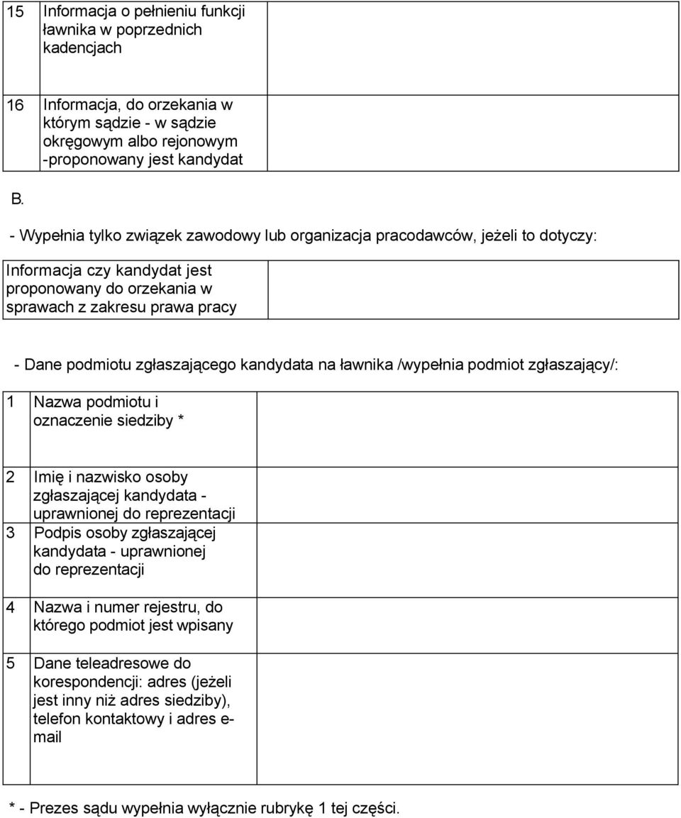 kandydata na ławnika /wypełnia podmiot zgłaszający/: 1 Nazwa podmiotu i oznaczenie siedziby * 2 Imię i nazwisko osoby zgłaszającej kandydata - uprawnionej do reprezentacji 3 Podpis osoby zgłaszającej