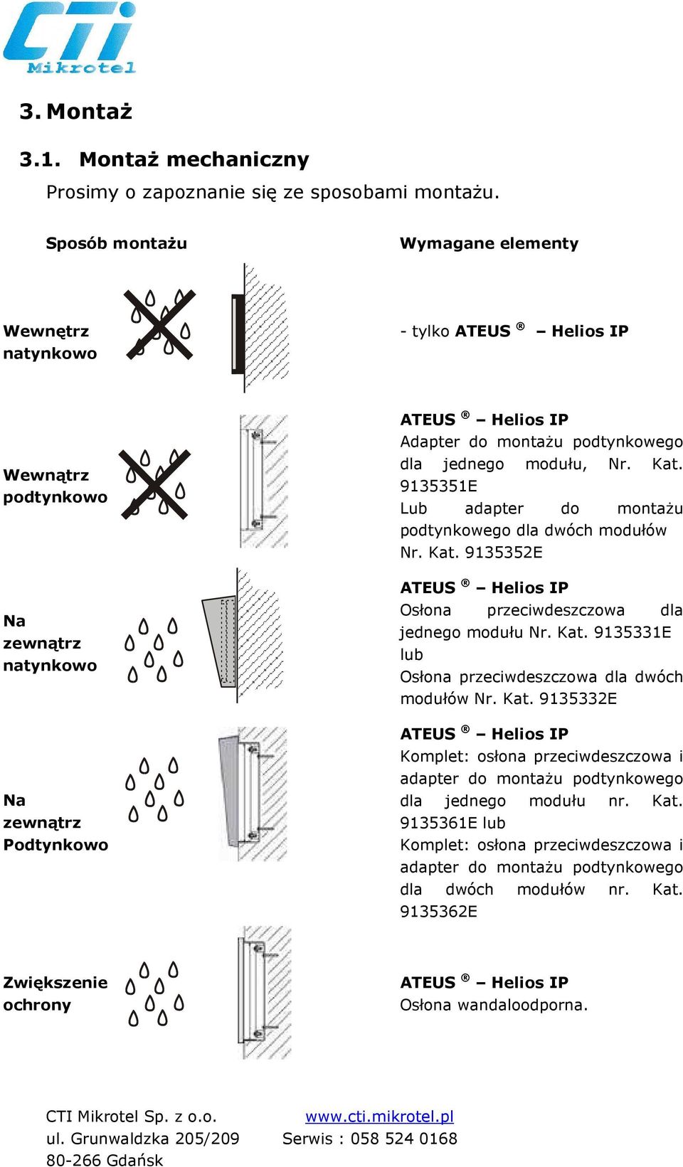 jednego modułu, Nr. Kat. 9135351E Lub adapter do montaŝu podtynkowego dla dwóch modułów Nr. Kat. 9135352E ATEUS Helios IP Osłona przeciwdeszczowa dla jednego modułu Nr. Kat. 9135331E lub Osłona przeciwdeszczowa dla dwóch modułów Nr.