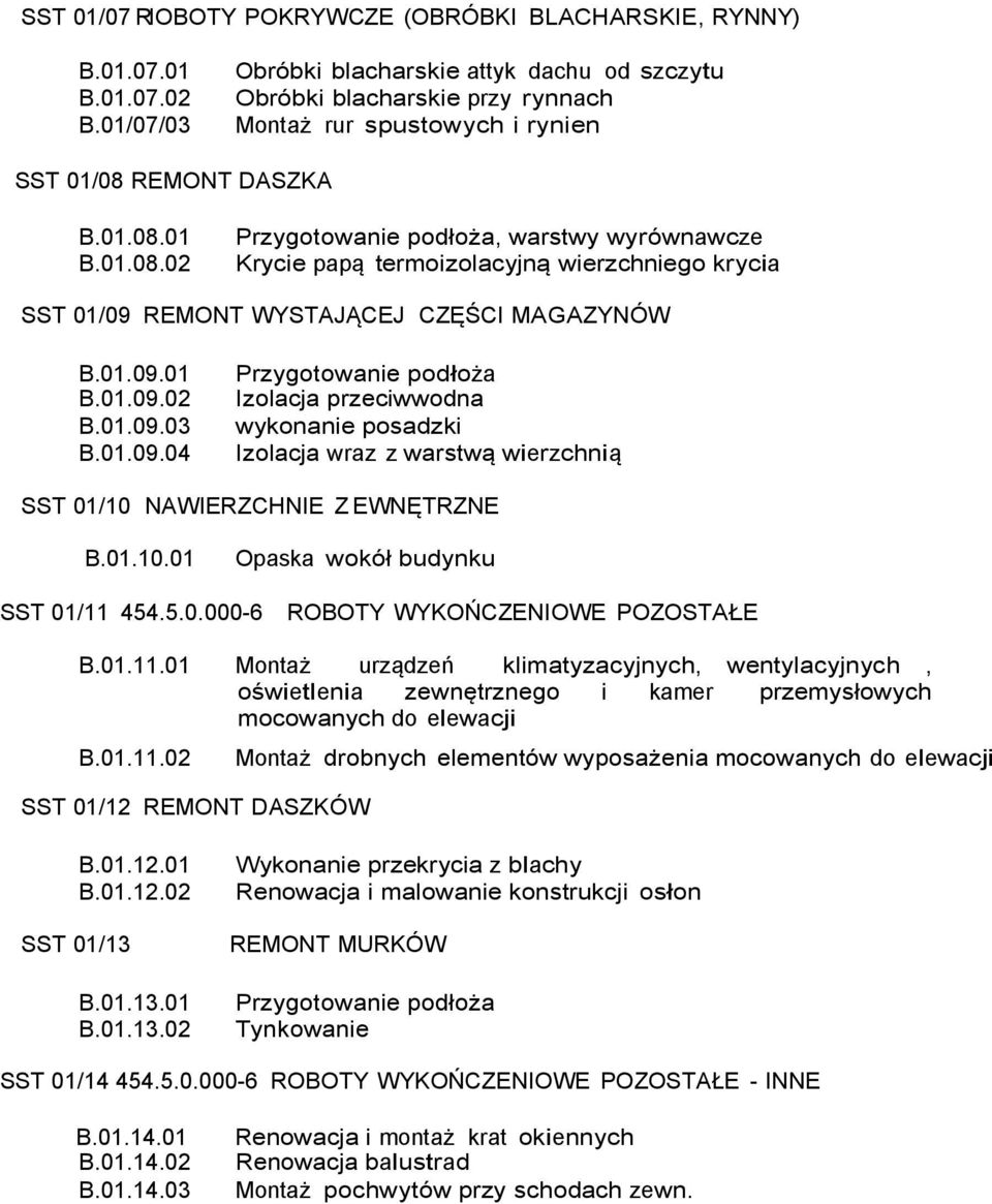 REMONT DASZKA B.01.08.01 B.01.08.02 Przygotowanie podłoża, warstwy wyrównawcze Krycie papą termoizolacyjną wierzchniego krycia SST 01/09 REMONT WYSTAJĄCEJ CZĘŚCI MAGAZYNÓW B.01.09.01 B.01.09.02 B.01.09.03 B.