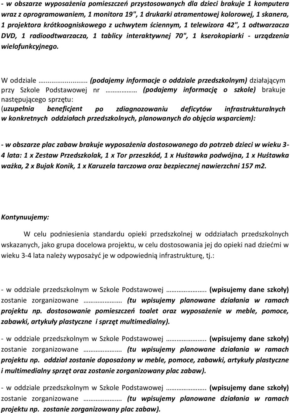 .. (podajemy informacje o oddziale przedszkolnym) działającym przy Szkole Podstawowej nr (podajemy informację o szkole) brakuje następującego sprzętu: (uzupełnia beneficjent po zdiagnozowaniu