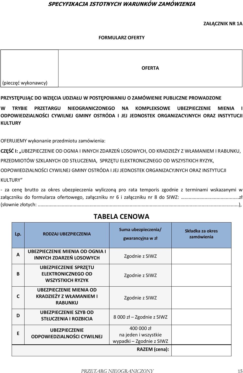 INNYCH ZDARZEŃ LOSOWYCH, OD KRADZIEŻY Z WŁAMANIEM I RABUNKU, PRZEDMIOTÓW SZKLANYCH OD STŁUCZENIA, SPRZĘTU ELEKTRONICZNEGO OD WSZYSTKICH RYZYK, ODPOWIEDZIALNOŚCI CYWILNEJ GMINY OSTRÓDA I JEJ JEDNOSTEK