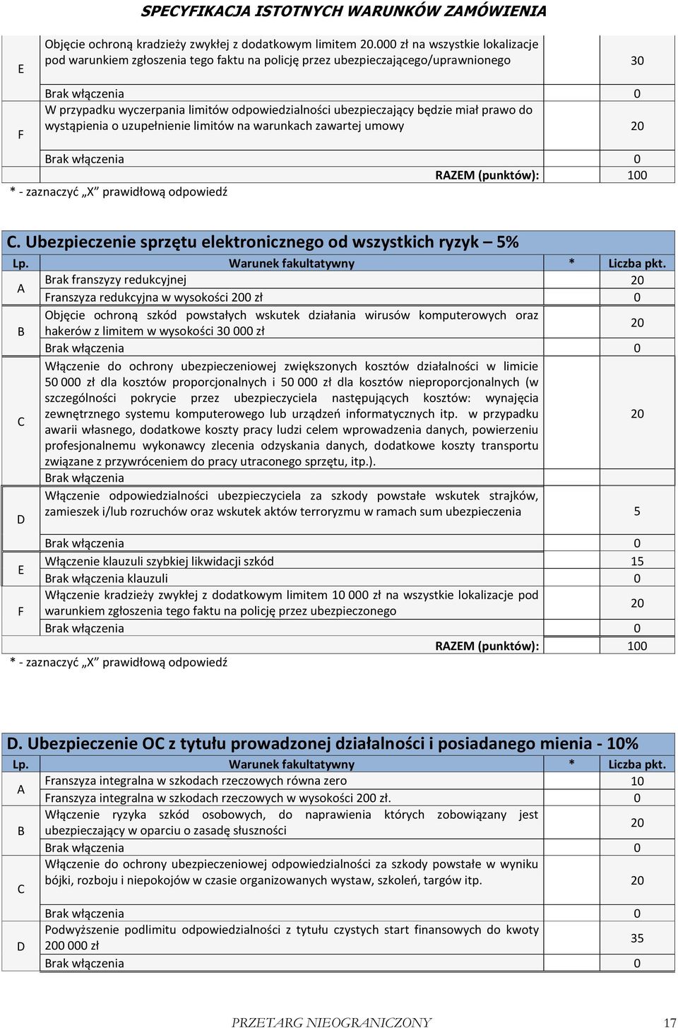 będzie miał prawo do wystąpienia o uzupełnienie limitów na warunkach zawartej umowy 20 Brak włączenia 0 RAZEM (punktów): 100 * - zaznaczyć X prawidłową odpowiedź C.