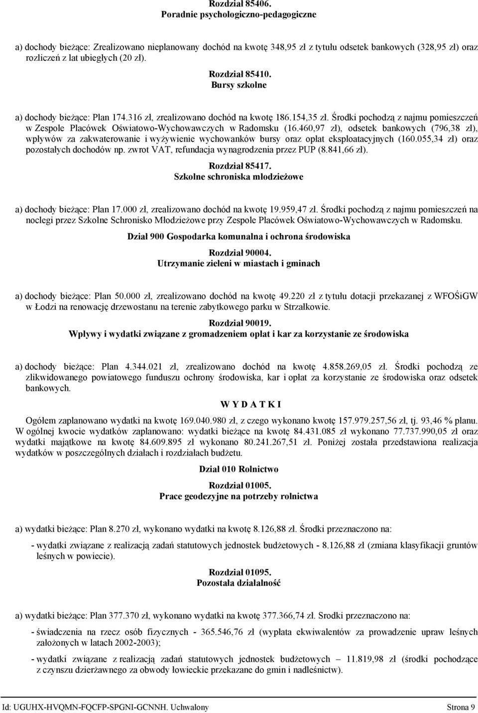 Rozdział 8541. Bursy szkolne a) dochody bieżące: Plan 174.316 zł, zrealizowano dochód na kwotę 186.154,35 zł.