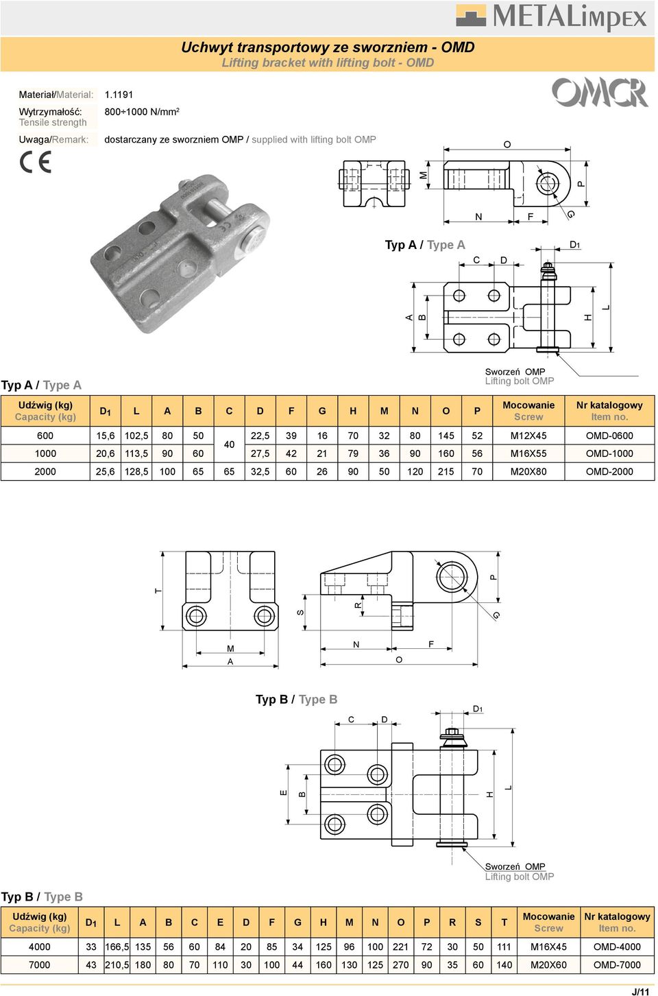 G H M N O P Sworzeń OMP Lifting bolt OMP Mocowanie Screw 600 15,6 102,5 80 50 22,5 39 16 70 32 80 145 52 M12X45 OMD-0600 40 1000 20,6 113,5 90 60 27,5 42 21 79 36 90 160 56 M16X55 OMD-1000 2000 25,6