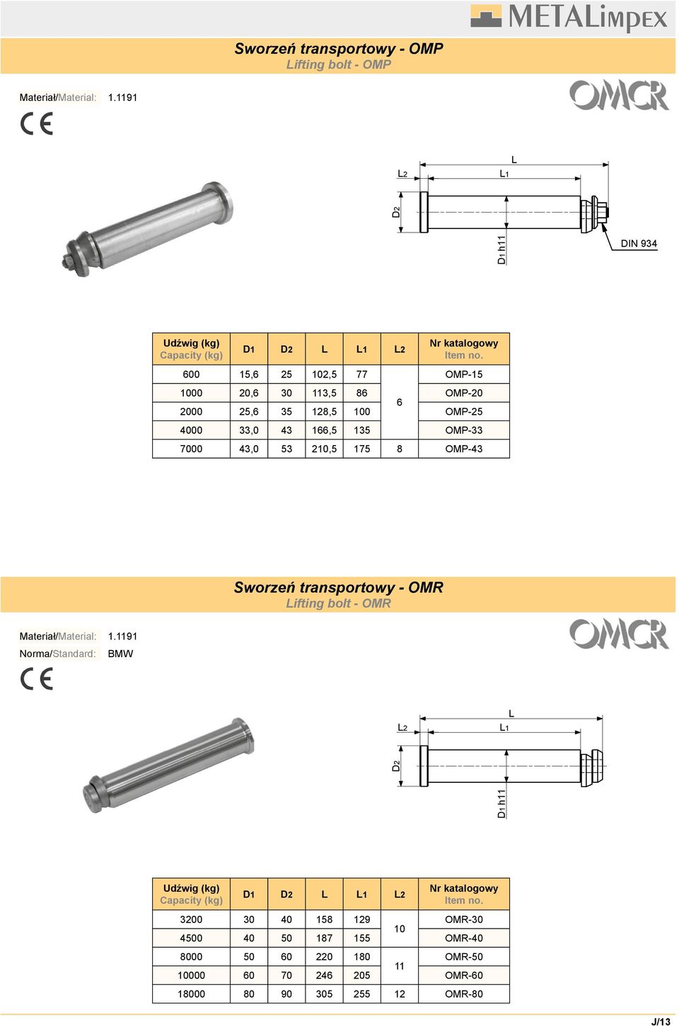 4000 33,0 43 166,5 135 OMP-33 7000 43,0 53 210,5 175 8 OMP-43 Sworzeń transportowy - OMR Lifting bolt - OMR Materiał/Material: 1.