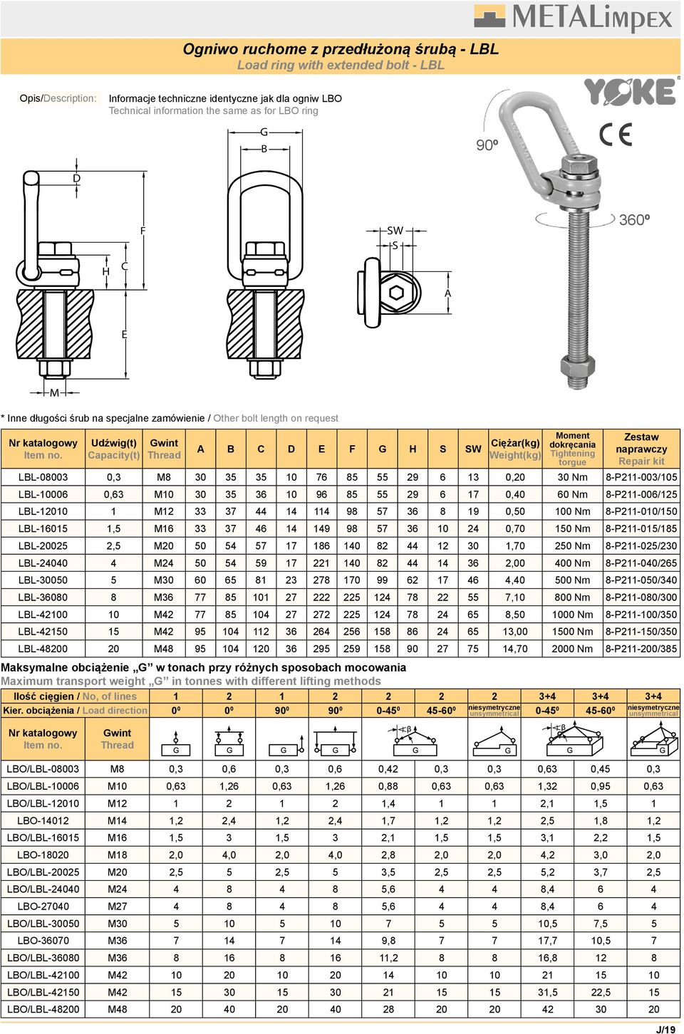 Moment dokręcania Tightening torgue Zestaw naprawczy Repair kit LBL-08003 0,3 M8 30 35 35 10 76 85 55 29 6 13 0,20 30 Nm 8-P211-003/105 LBL-10006 0,63 M10 30 35 36 10 96 85 55 29 6 17 0,40 60 Nm