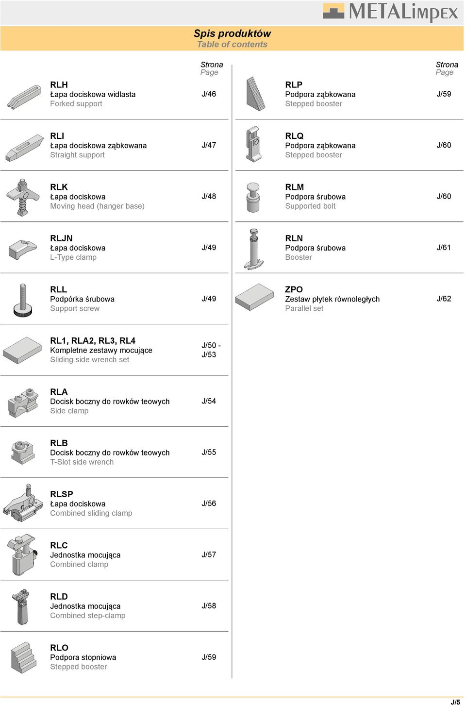 J/61 RLL Podpórka śrubowa Support screw J/49 ZPO Zestaw płytek równoległych Parallel set J/62 RL1, RLA2, RL3, RL4 Kompletne zestawy mocujące Sliding side wrench set J/50 - J/53 RLA Docisk boczny do