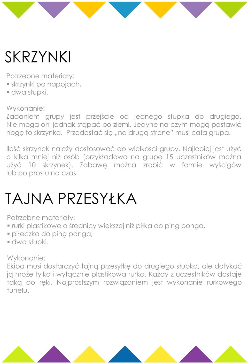 Najlepiej jest użyć o kilka mniej niż osób (przykładowo na grupę 15 uczestników można użyć 10 skrzynek). Zabawę można zrobić w formie wyścigów lub po prostu na czas.