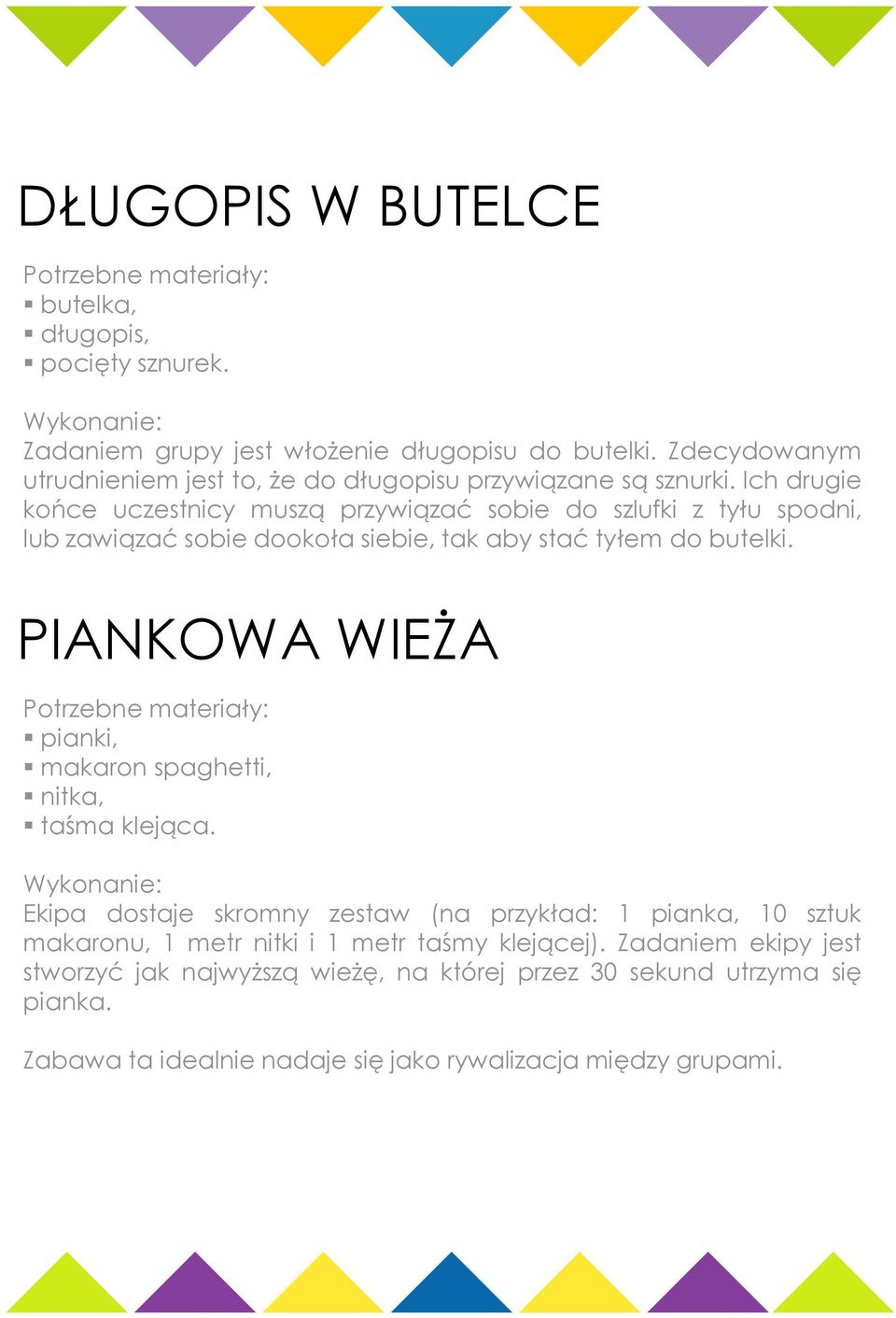 Ich drugie końce uczestnicy muszą przywiązać sobie do szlufki z tyłu spodni, lub zawiązać sobie dookoła siebie, tak aby stać tyłem do butelki.