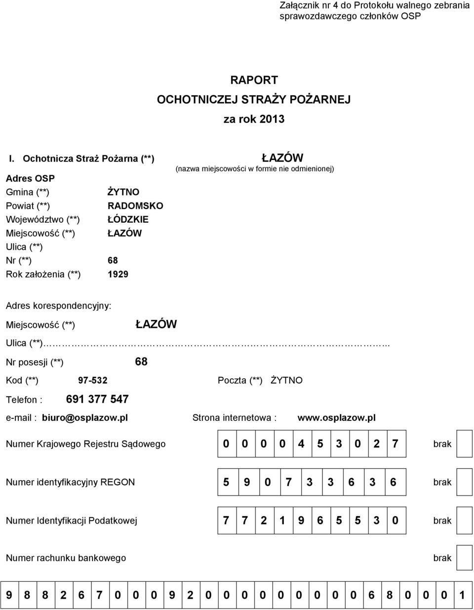 RADOMSKO ŁÓDZKIE ŁAZÓW Rok założenia (**) 1929 Adres korespondencyjny: Miejscowość (**) ŁAZÓW Ulica (**).