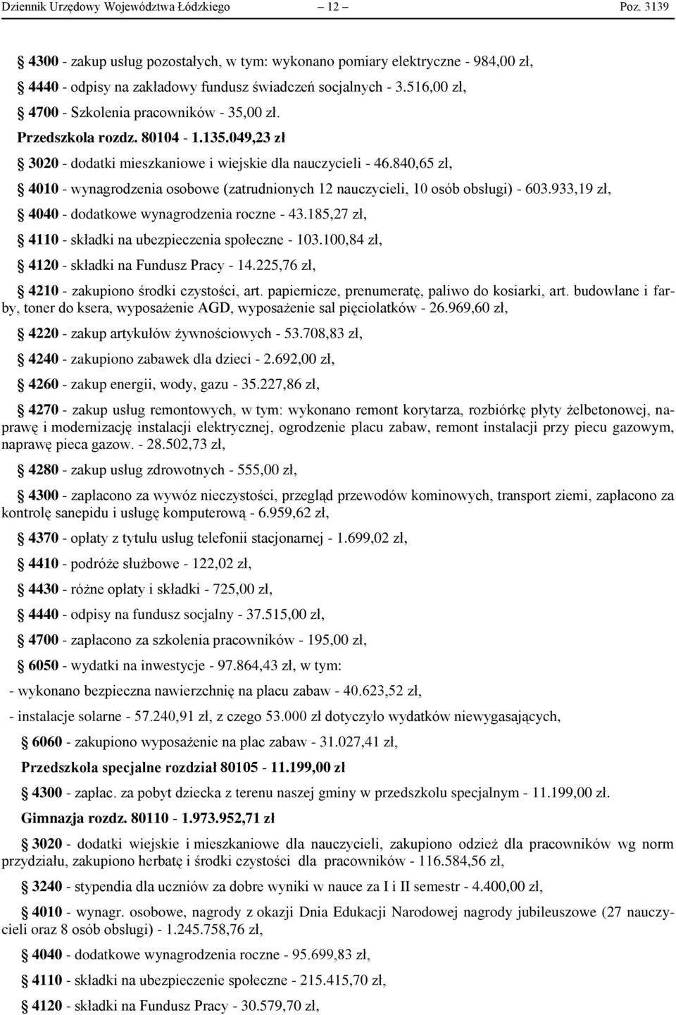 840,65 zł, 4010 - wynagrodzenia osobowe (zatrudnionych 12 nauczycieli, 10 osób obsługi) - 603.933,19 zł, 4040 - dodatkowe wynagrodzenia roczne - 43.