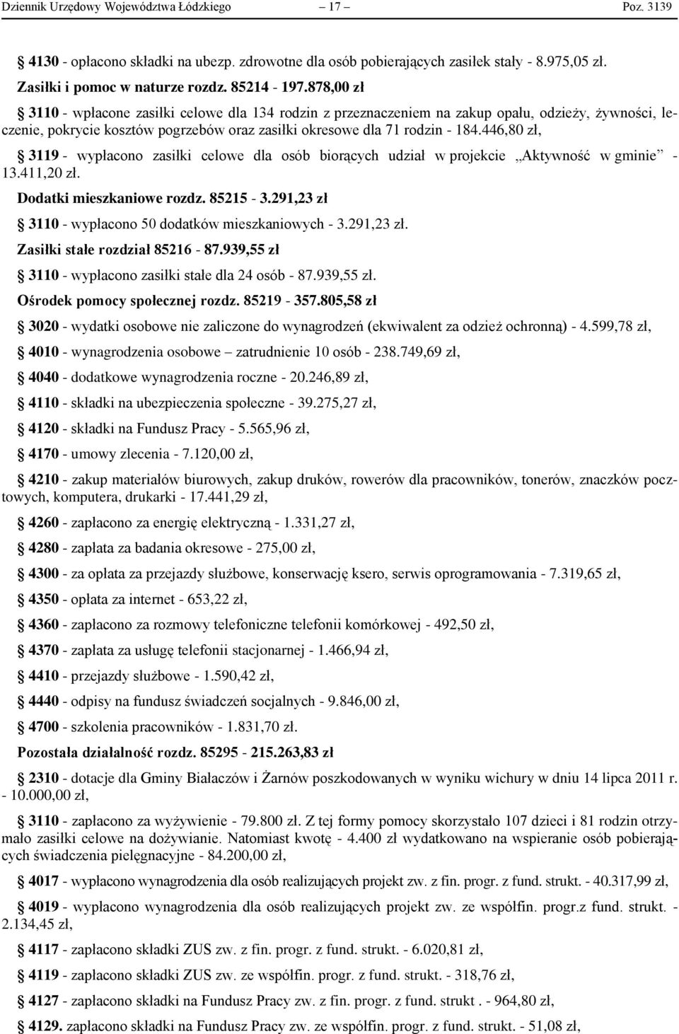 446,80 zł, 3119 - wypłacono zasiłki celowe dla osób biorących udział w projekcie Aktywność w gminie - 13.411,20 zł. Dodatki mieszkaniowe rozdz. 85215-3.