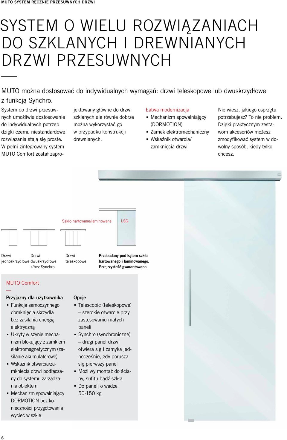 w pełni zintegrowany system Muto comfort został zaprojektowany główne do drzwi szklanych ale równie dobrze można wykorzystać go w przypadku konstrukcji drewnianych. Łatwa modernizacja.