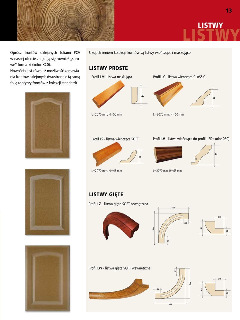 listwy wieńczące i maskujące LISTWY PROSTE Profil LM - listwa maskująca Profil LC - listwa wieńcząca CLASSIC L=2070 mm, H=50 mm L=2070 mm, H=60 mm Profil LS -