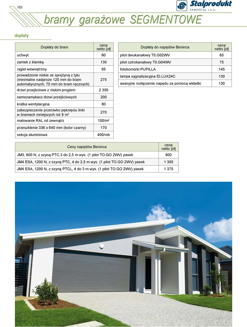 malowanie RAL od zewnątrz 100/m 2 przeszklenie 336 x 640 mm (kolor czarny) 170 sekcja aluminiowa 400/mb Dopłaty do napędów Beninca pilot dwukanałowy T0.G02WV 65 pilot cztrokanałowy T0.