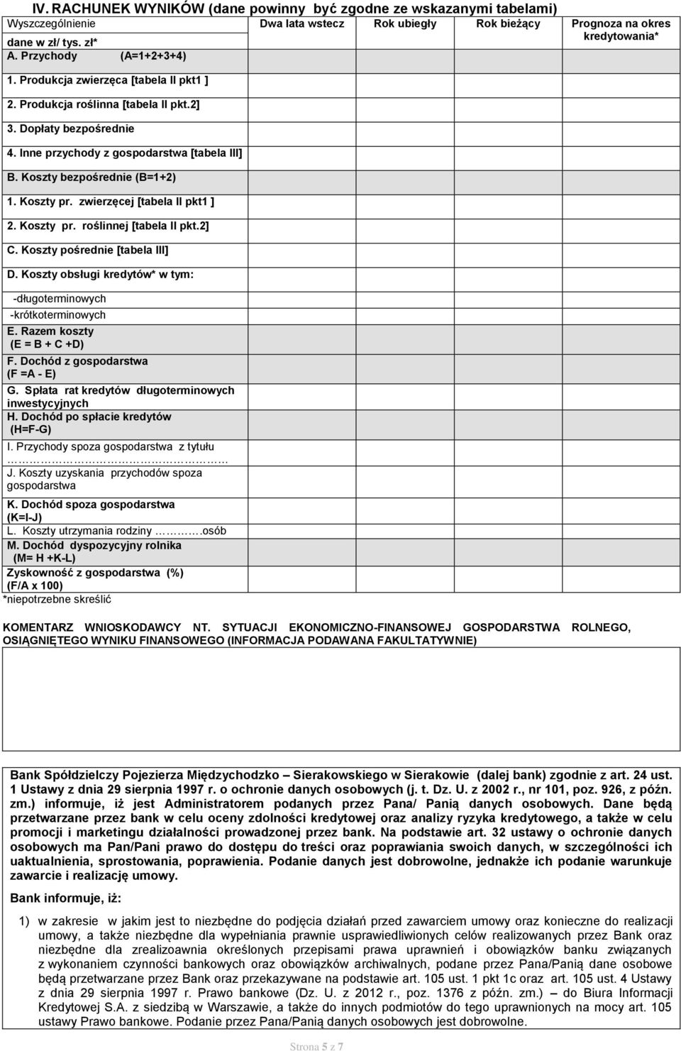 zwierzęcej [tabela II pkt1 ] 2. Koszty pr. roślinnej [tabela II pkt.2] C. Koszty pośrednie [tabela III] D. Koszty obsługi kredytów* w tym: -długoterminowych -krótkoterminowych E.