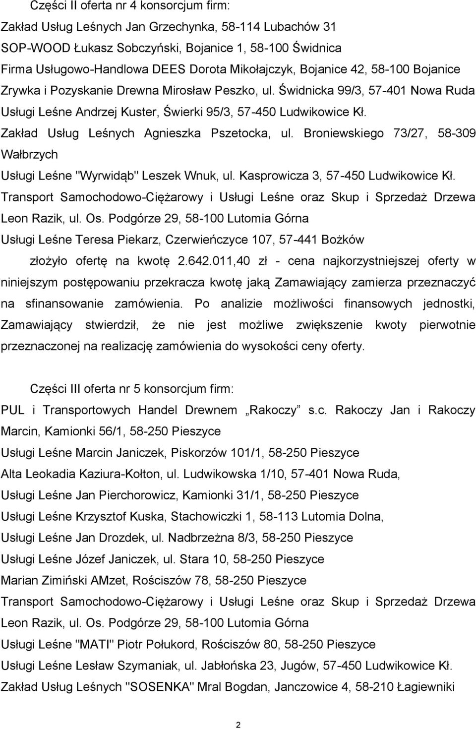 Zakład Usług Leśnych Agnieszka Pszetocka, ul. Broniewskiego 73/27, 58-309 Wałbrzych Usługi Leśne "Wyrwidąb" Leszek Wnuk, ul. Kasprowicza 3, 57-450 Ludwikowice Kł.