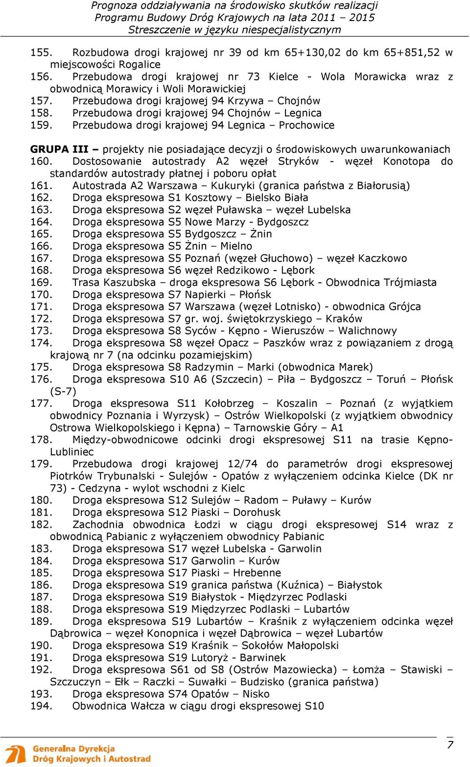 Przebudowa drogi krajowej 94 Chojnów Legnica 159. Przebudowa drogi krajowej 94 Legnica Prochowice GRUPA III projekty nie posiadające decyzji o środowiskowych uwarunkowaniach 160.