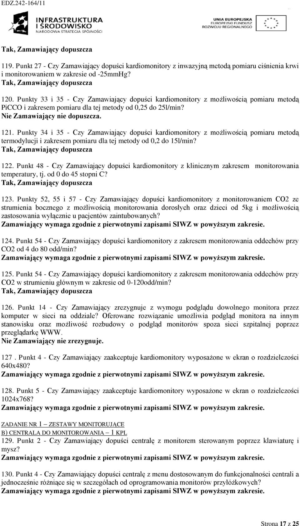 Punkty 34 i 35 - Czy Zamawiający dopuści kardiomonitory z możliwością pomiaru metodą termodylucji i zakresem pomiaru dla tej metody od 0,2 do 15l/min? 122.