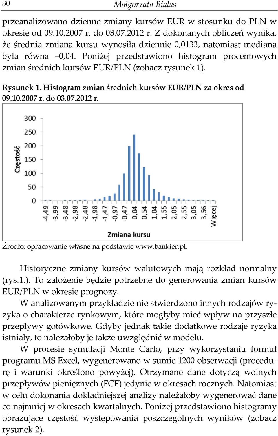 Poniżej przedstawiono histogram procentowych zmian średnich kursów EUR/PLN (zobacz rysunek 1). Rysunek 1. Histogram zmian średnich kursów EUR/PLN za okres od 09.10.2007 r. do 03.07.2012 r.