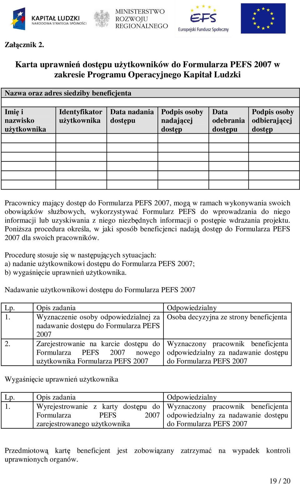 uŝytkownika Data nadania dostępu Podpis osoby nadającej dostęp Data odebrania dostępu Podpis osoby odbierającej dostęp Pracownicy mający dostęp do Formularza PEFS 2007, mogą w ramach wykonywania