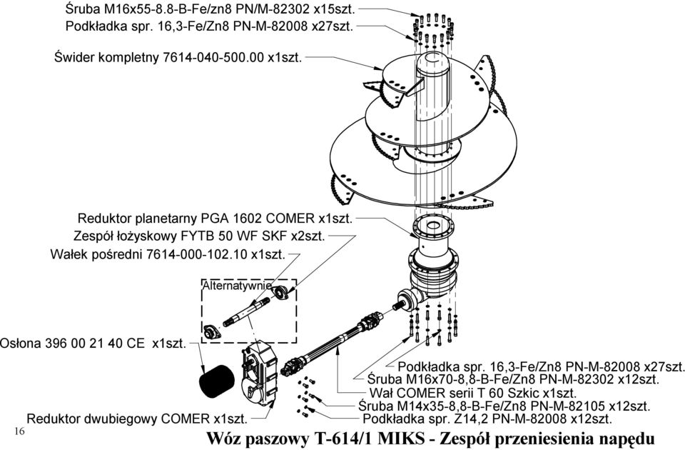 Alternatywnie Osłona 396 00 21 40 CE x1szt. 16 Reduktor dwubiegowy COMER x1szt. Podkładka spr. 16,3-Fe/Zn8 PN-M-82008 x27szt.