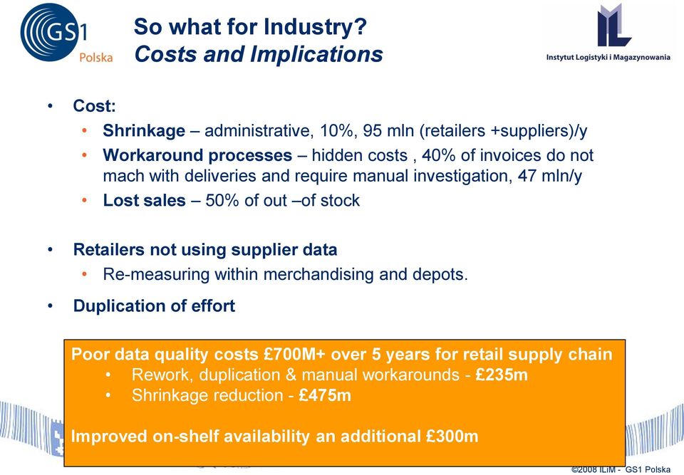 invoices do not mach with deliveries and require manual investigation, 47 mln/y Lost sales 50% of out of stock Retailers not using supplier