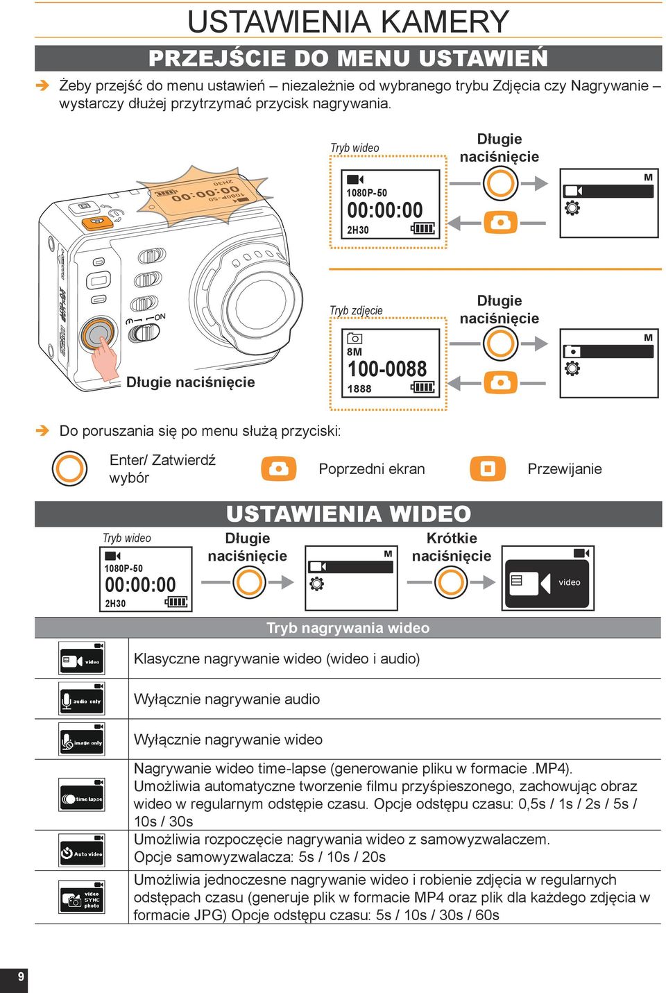 50 00:00:00 2H30 Ustawienia wideo Długie Tryb nagrywania wideo Krótkie Klasyczne nagrywanie wideo (wideo i audio) Wyłącznie nagrywanie audio Wyłącznie nagrywanie wideo Nagrywanie wideo time-lapse