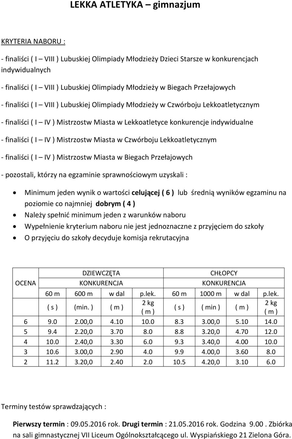 IV ) Mistrzostw Miasta w Czwórboju Lekkoatletycznym - finaliści ( I IV ) Mistrzostw Miasta w Biegach Przełajowych - pozostali, którzy na egzaminie sprawnościowym uzyskali : Minimum jeden wynik o