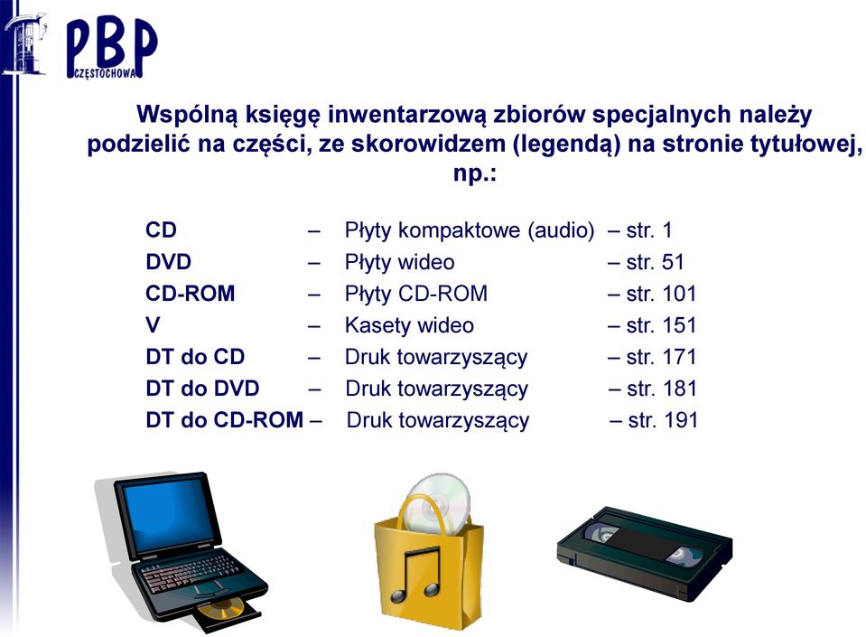 1 DVD Płyty wideo str. 51 CD-ROM Płyty CD-ROM str. 101 V Kasety wideo str.