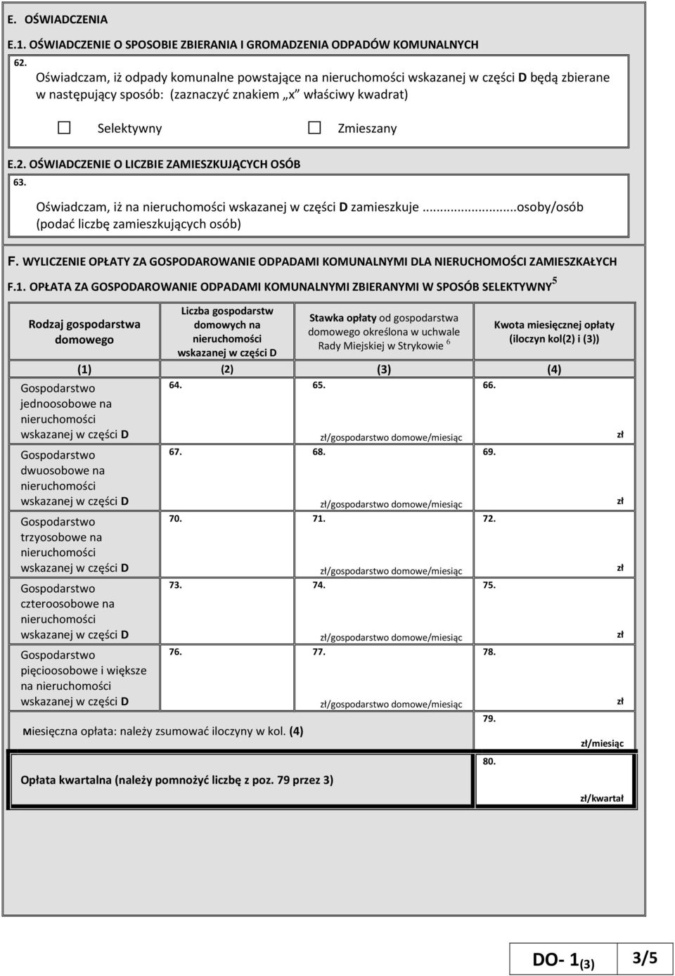 Oświadczam, iż na zamieszkuje...osoby/osób (podać liczbę zamieszkujących osób) F. WYLICZENIE OPŁATY ZA GOSPODAROWANIE ODPADAMI KOMUNALNYMI DLA NIERUCHOMOŚCI ZAMIESZKAŁYCH F.1.