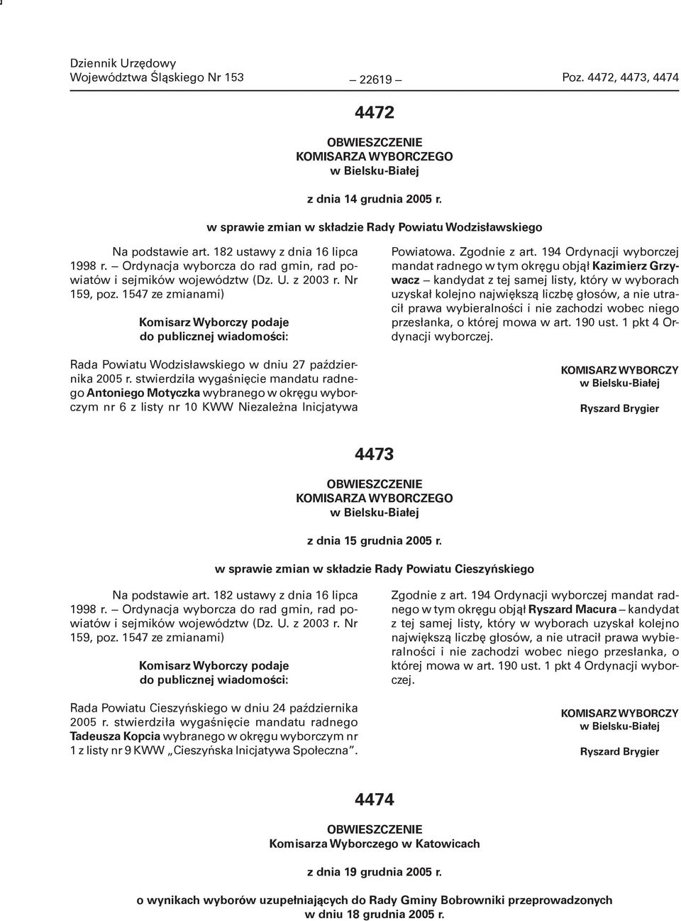 Nr 159, poz. 1547 ze zmianami) Komisarz Wyborczy podaje do publicznej wiadomości: Rada Powiatu Wodzisławskiego w dniu 27 października 2005 r.