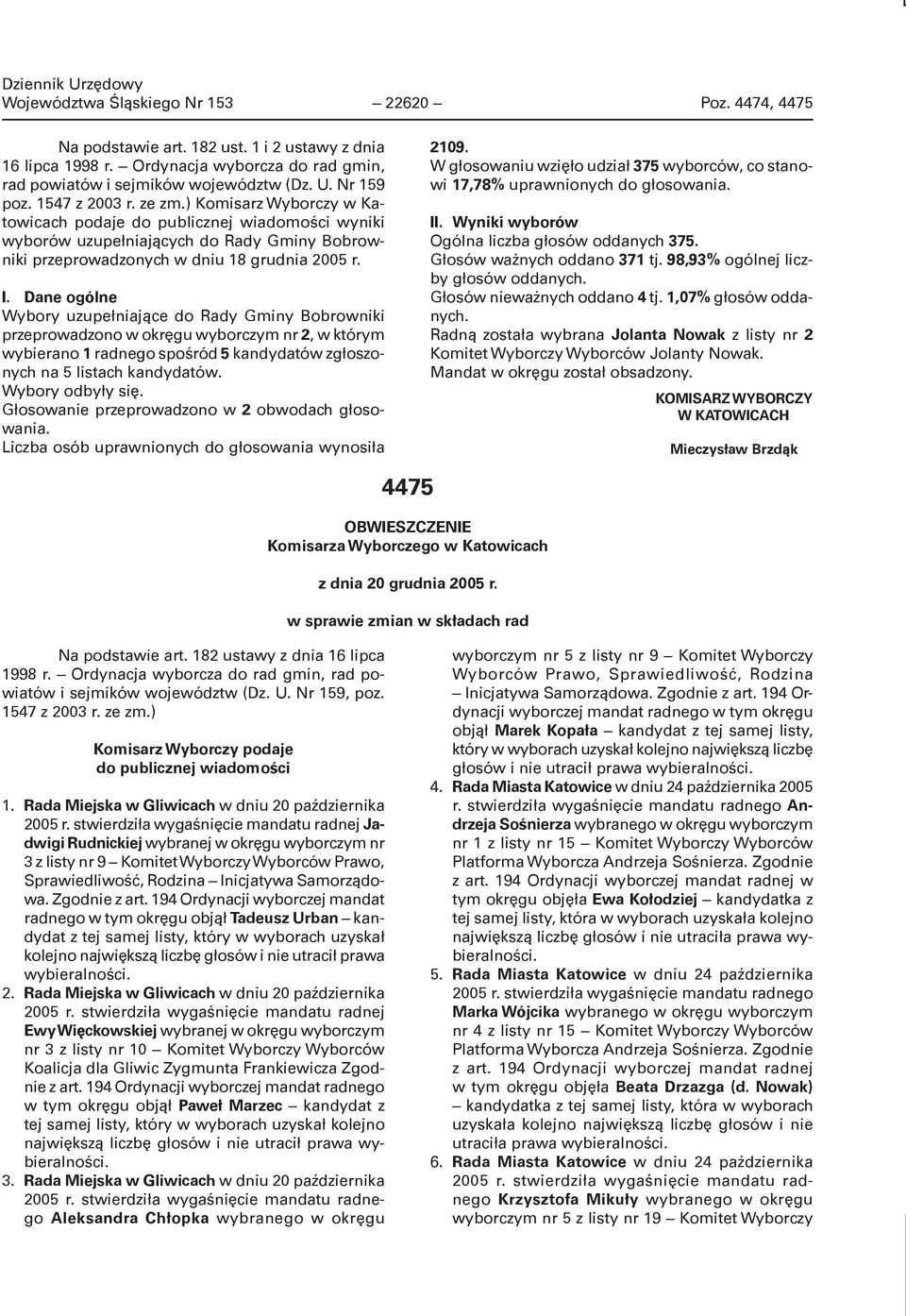 Dane ogólne Wybory uzupełniające do Rady Gminy Bobrowniki przeprowadzono w okręgu wyborczym nr 2, w którym wybierano 1 radnego spośród 5 kandydatów zgłoszonych na 5 listach kandydatów.