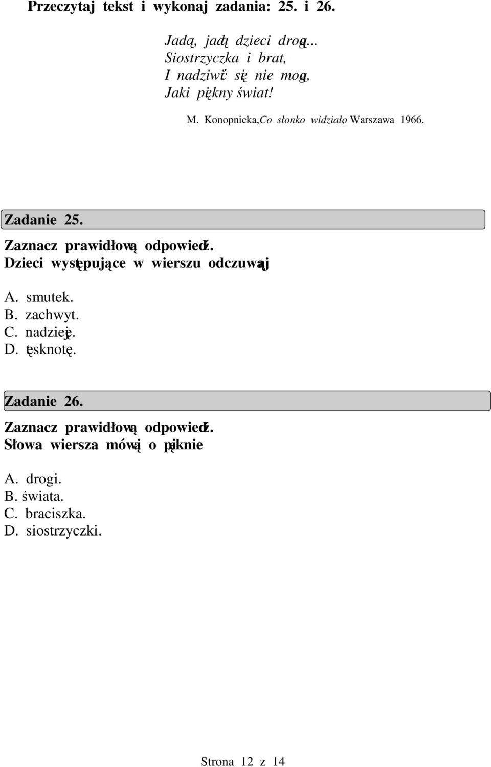 Konopnicka, Co słonko widziało, Warszawa 1966. Zadanie 25.