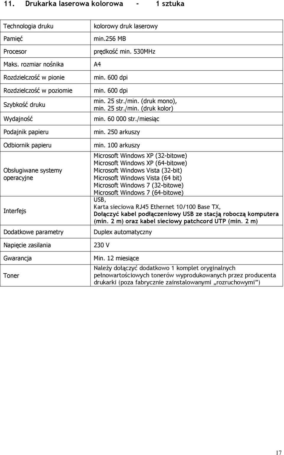 zasilania Gwarancja Toner kolorowy druk laserowy min.256 MB prędkość min. 530MHz A4 min. 600 dpi min. 600 dpi min. 25 str./min. (druk mono), min. 25 str./min. (druk kolor) min. 60 000 str.